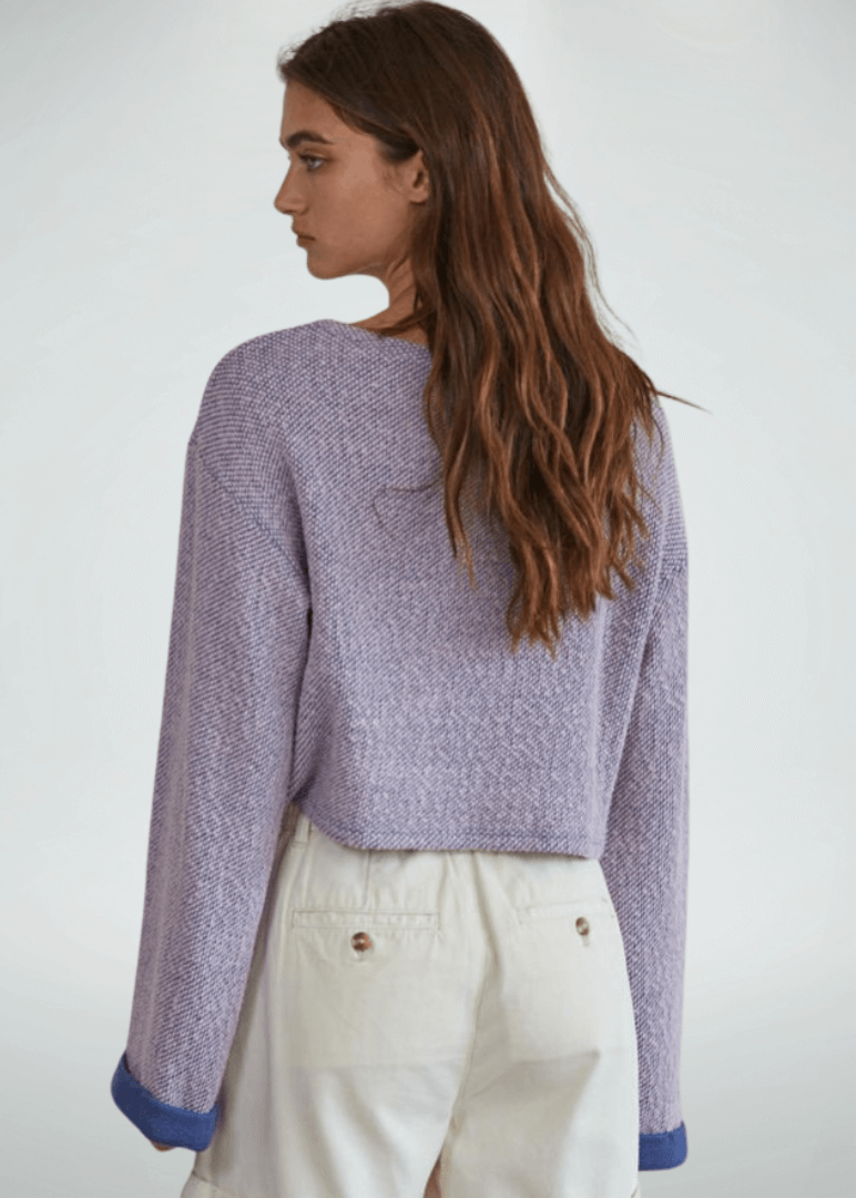 Made in USA Women's Cropped Lavender Long Sleeve Pullover Sweater,  Loose Knit, Long Sleeves with Wide Contrast Cuffs, Super Soft | Classy Cozy Cool Made in America Boutique