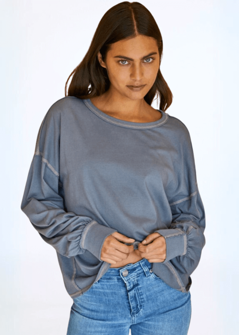 Women's Cotton Oversized Boxy Long Sleeve Tee, Stitch Detail, Oversized Fit, Garment Dyed, Crew Neck | Available Colors: Graphite and Dusty Brown | Classy Cozy Cool Made in America Boutique