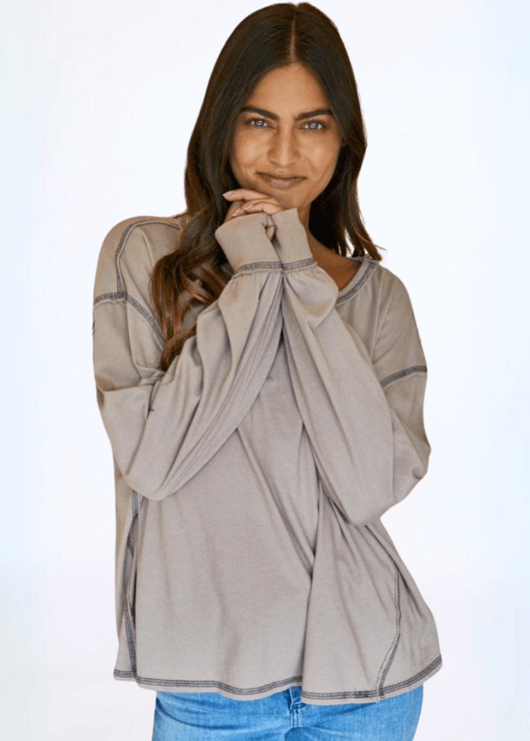 Women's Cotton Oversized Boxy Long Sleeve Tee, Stitch Detail, Oversized Fit, Garment Dyed, Crew Neck | Available Colors: Graphite and Dusty Brown | Classy Cozy Cool Made in America Boutique