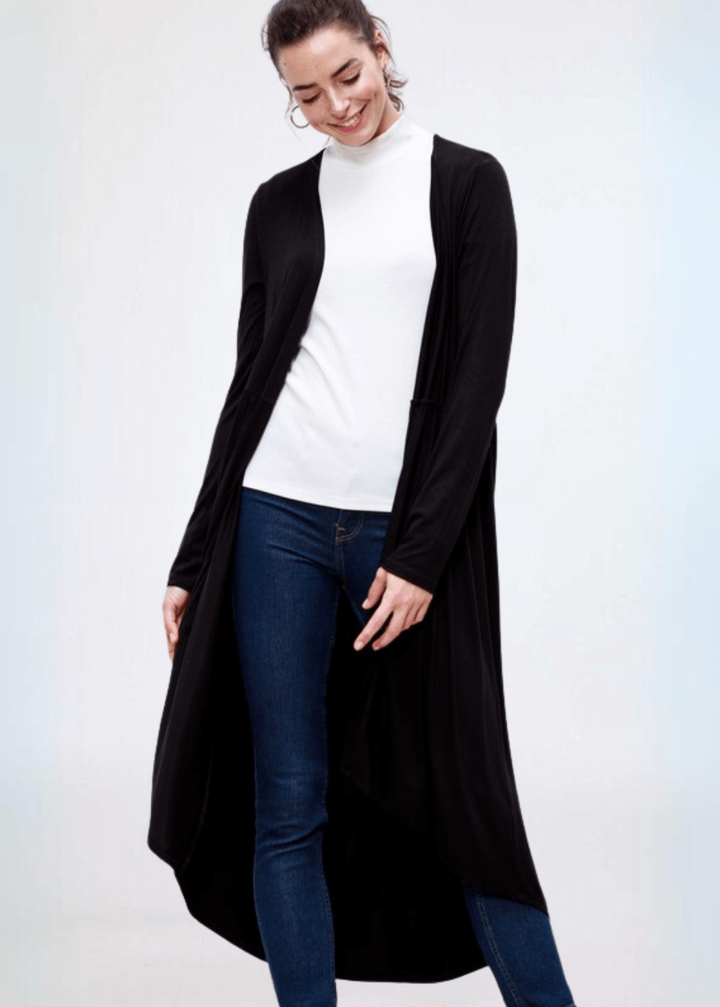 Made in USA Casual, Lightweight &amp; Oh So Soft Open Front Maxi Length Bamboo Duster for All Seasons in Black | Classy Cozy Cool Made in America Boutique