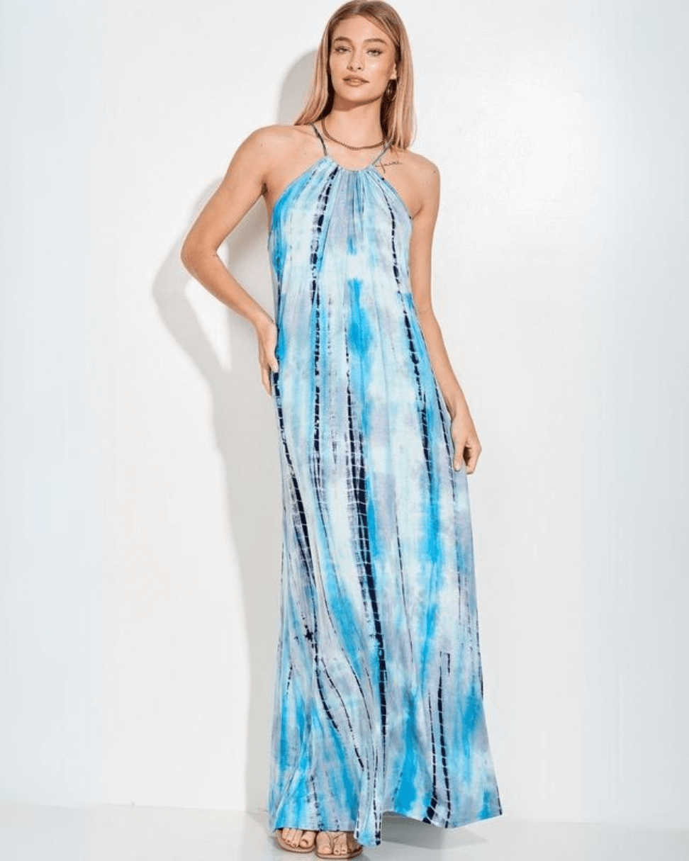 Made in USA Women's Tie Dye Turquoise Halter Style Maxi Dress Adjustable Straps Tie in Back Soft & Comfortable Lightweight Material | Classy Cozy Cool Style D113