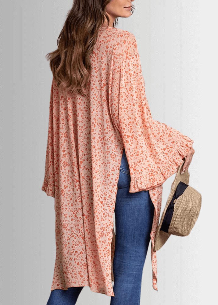 Made in USA Women's Ditsy Floral Bell Sleeve Kimono, Coral Floral Print, Relaxed Fit, 95% Polyester, 5% Spandex | Style RSSW3438 Classy Cozy Cool Women's Made in America Boutique
