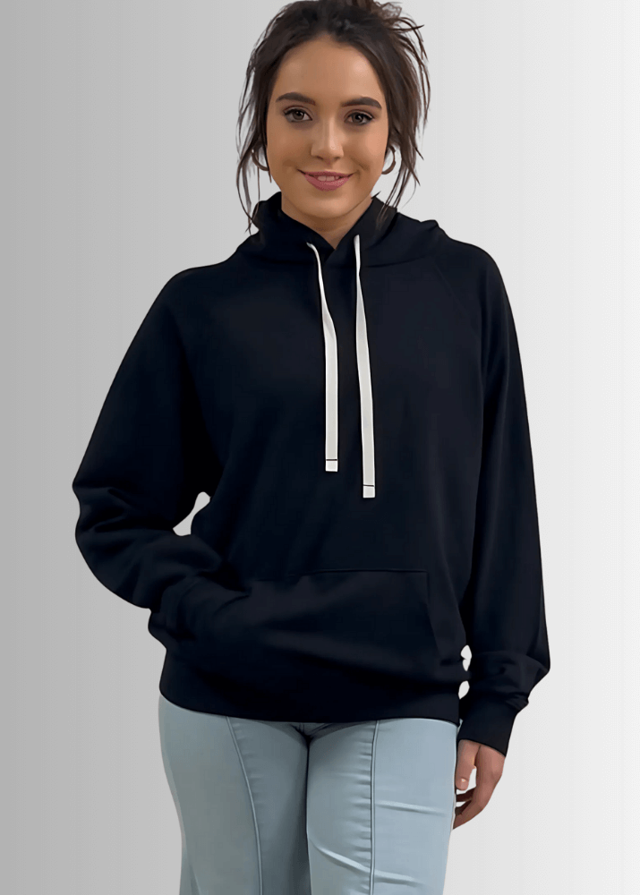 Made in USA Medium Weight Premium Cotton Hoodie Sweatshirt, Made with Premium USA Cotton, Oversized Fit, Lightweight, Crew Neck in Black | Classy Cozy Cool Women&