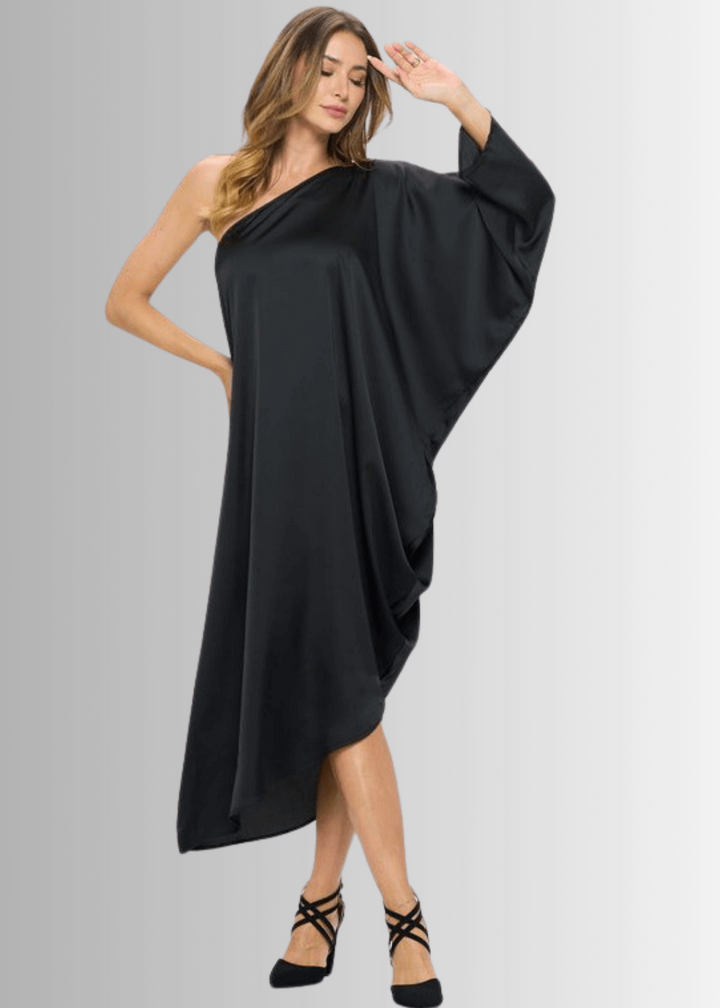 One Shoulder Black Satin Material Asymmetrical Hemline Elegant Evening Cocktail Dress | Made in USA | Renee C Style 4622DR | Classy Cozy Cool Women&