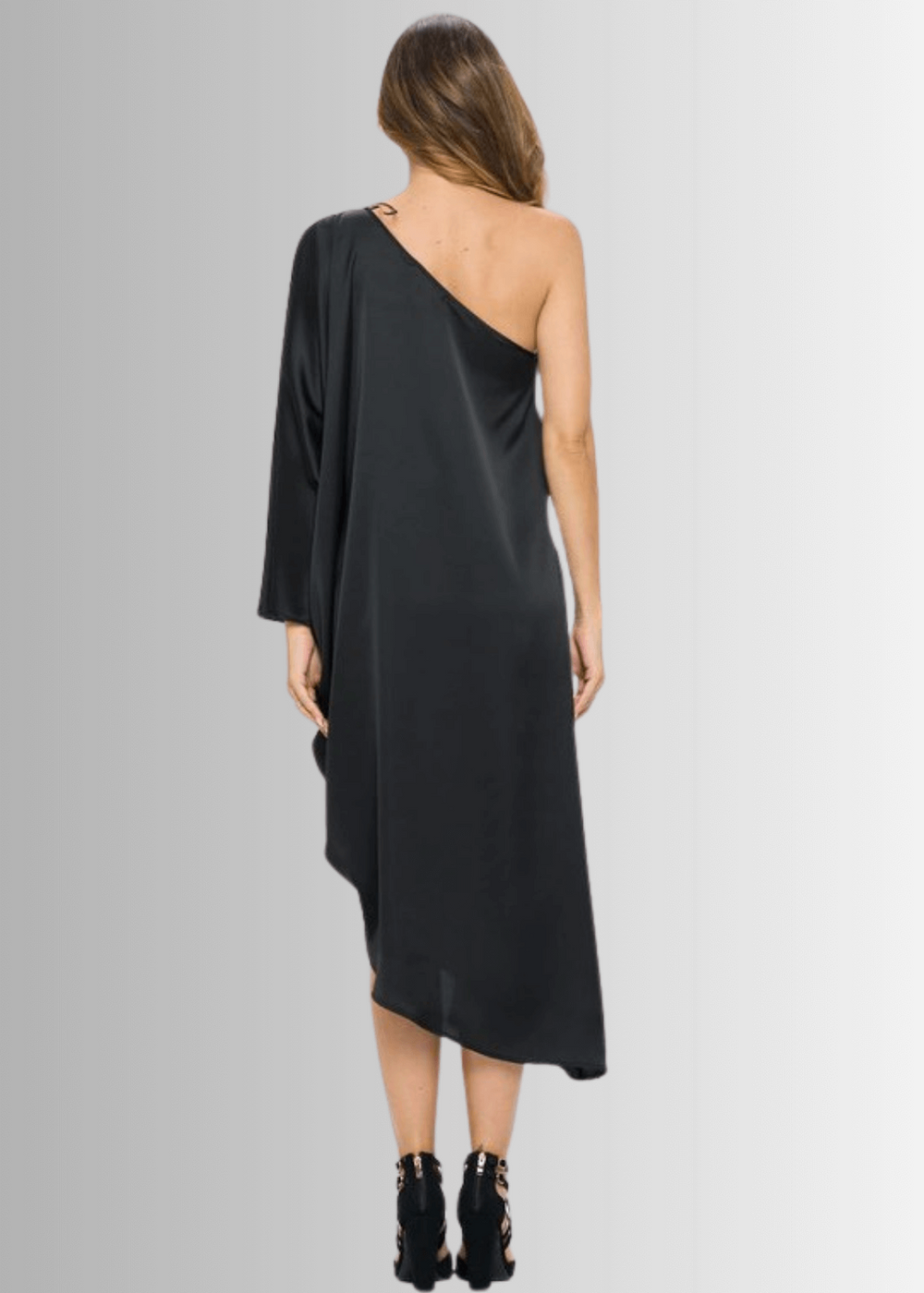 One Shoulder Black Satin Material Asymmetrical Hemline Elegant Evening Cocktail Dress | Made in USA | Renee C Style 4622DR | Classy Cozy Cool Women's Made in America Clothing Boutique