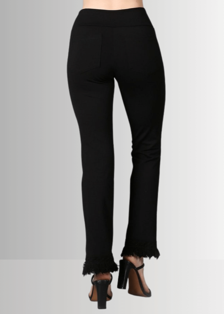 USA Made Ladies Plus Size Cropped Straight Leg Ponte Pants in Black with Crochet Fringe Hem | Style P30374 | Classy Cozy Cool Women&