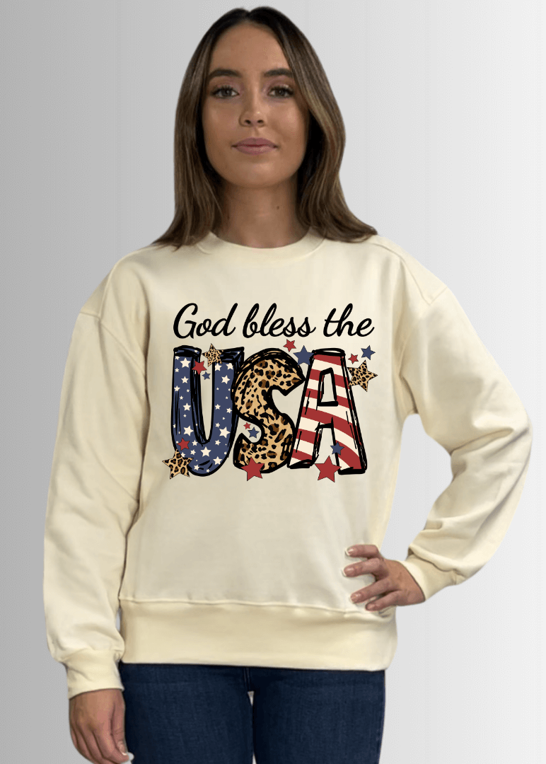 Made in USA Women's Cream Crew Neck Fleece Sweatshirt with God Bless USA Graphic, Heavyweight Cotton Fleece, Drop Shoulder, Relaxed Fit
