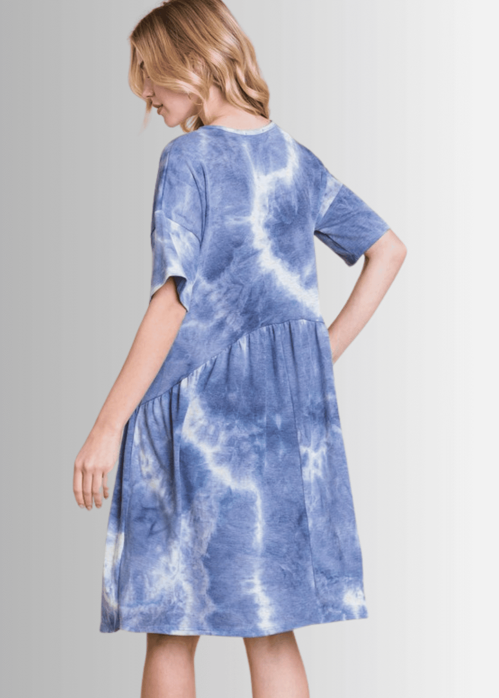 Made in USA Women's Denim Blue Tie Dye Shirred Waist Knee Length Short Sleeve Dress | Classy Cozy Cool Made in America Boutique