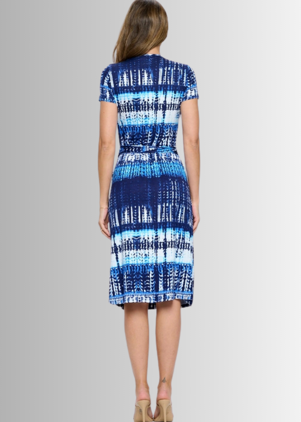 Made in USA Women's Shades of Blue Abstract Print Midi Jersey True Wrap Dress | Renee C. Style# S4329DRH | Classy Cozy Cool Made in America Clothing Boutique