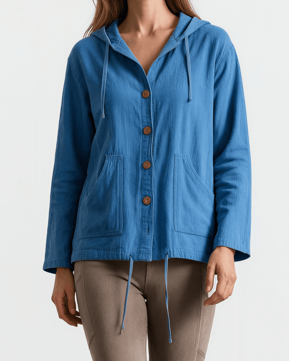 Made in USA Women's 100% Cotton Lightweight Button Down Beach Hoodie with Pockets in Blue | Classy Cozy Cool Women's Made in America Boutique
