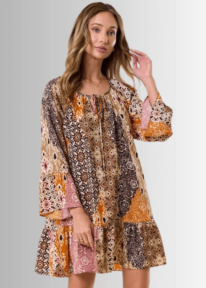 Made in USA Women's Lightweight Boho Pattern Ruffled A-Line Dress | Classy Cozy Cool Made in America Boutique