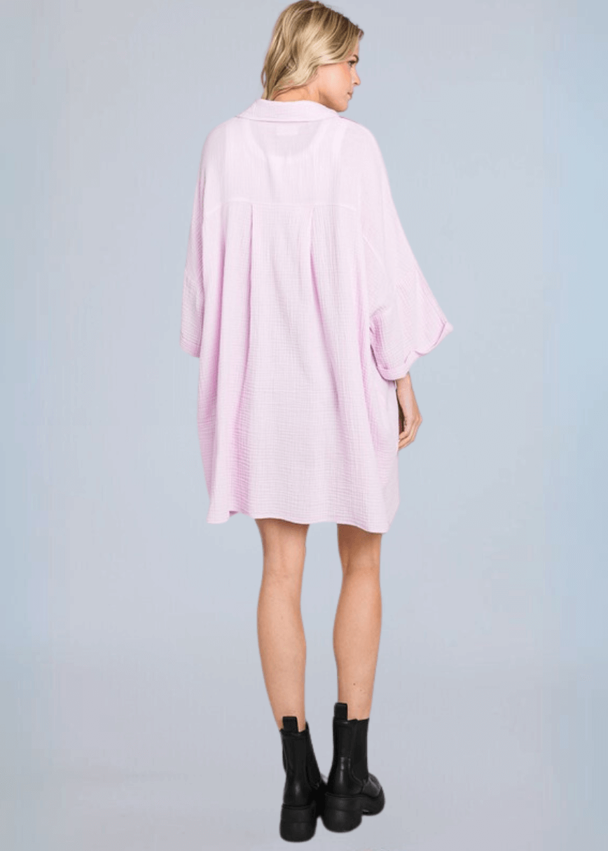 USA Made Women's Soft Mineral Washed Gauze Pink Lilac Oversized Cotton Button Down Tunic Length Long Shirt with Half Sleeves & Side Pockets | Classy Cozy Cool Made in America Boutique