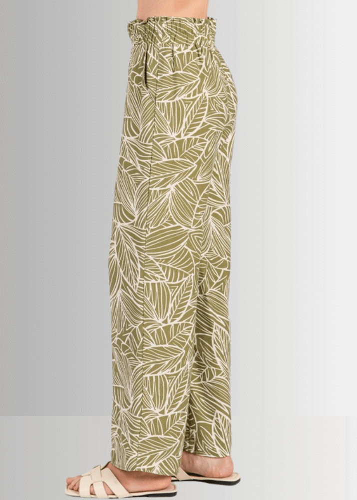 Made in USA Women's Rayon Breezy Tropical Print Lightweight Pants in Taupe or Olive with Pockets | Classy Cozy Cool Made in America Boutique
