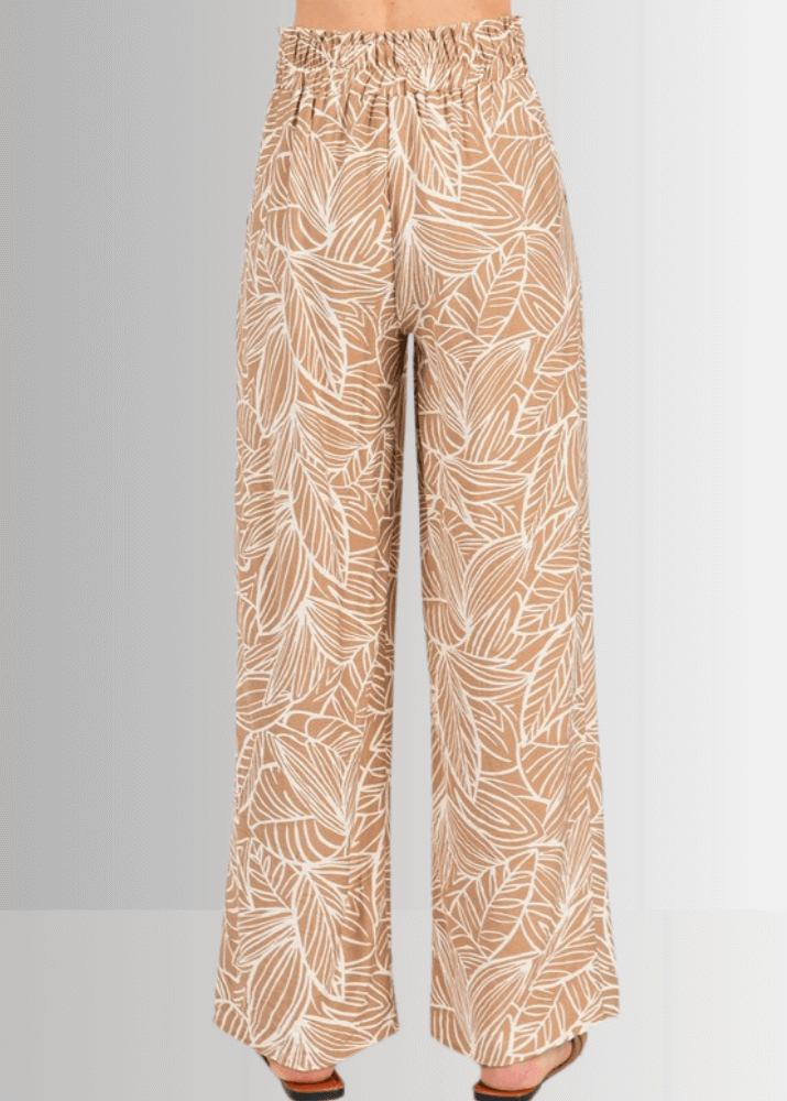 Made in USA Women's Rayon Breezy Tropical Print Lightweight Pants in Taupe or Olive with Pockets | Classy Cozy Cool Made in America Boutique