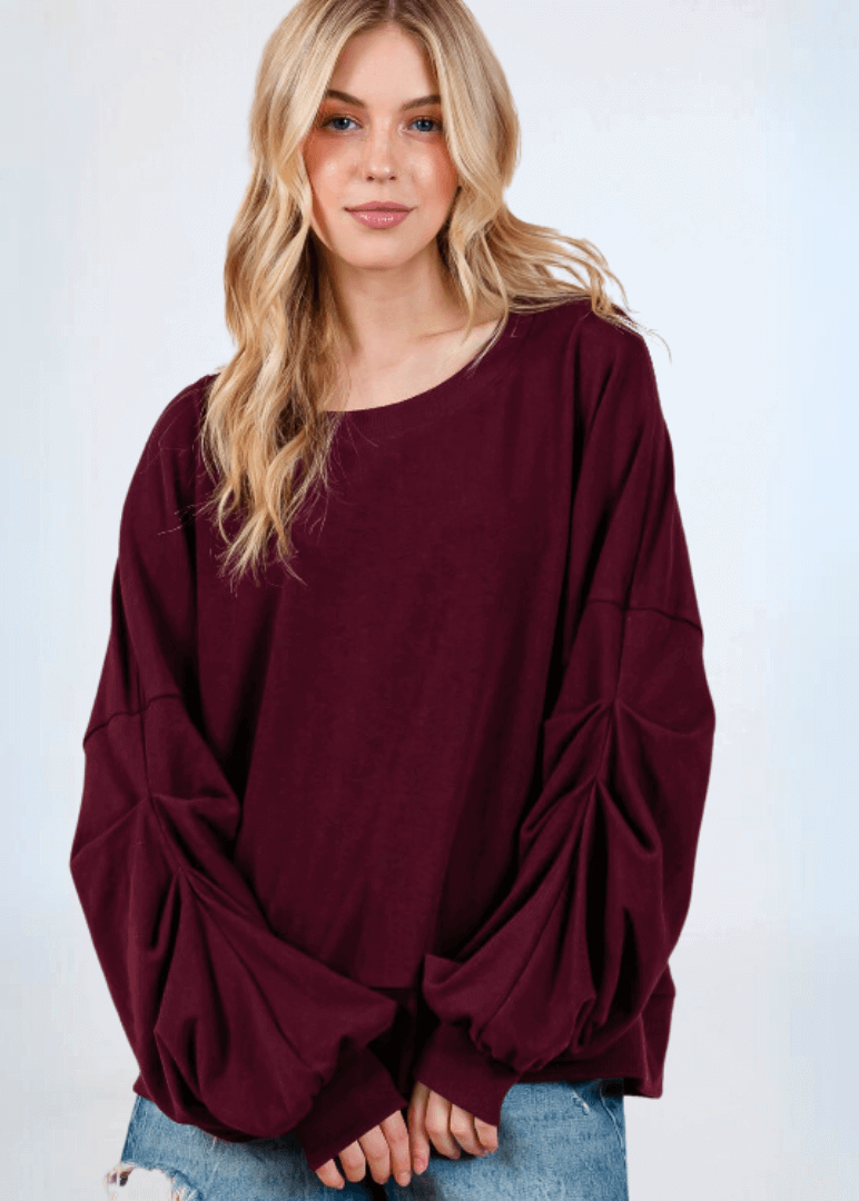 Made in USA Women's Cabernet Deep Red Oversized Sweatshirt with Large Puff Sleeves with Gathering on Front in Solid Terry with Round Neck | Classy Cozy Cool Made in America Boutique