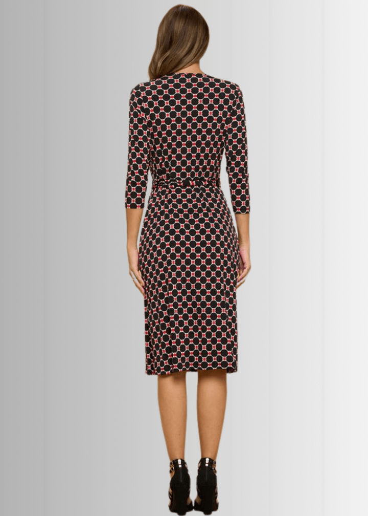 Beautiful Ladies Black &amp; Red Geometrical Design Printed Wrap Midi Dress with 3/4 Sleeves | Renee C. Style 4329DRC | Proudly Made in USA | Classy Cozy Cool Clothing Boutique