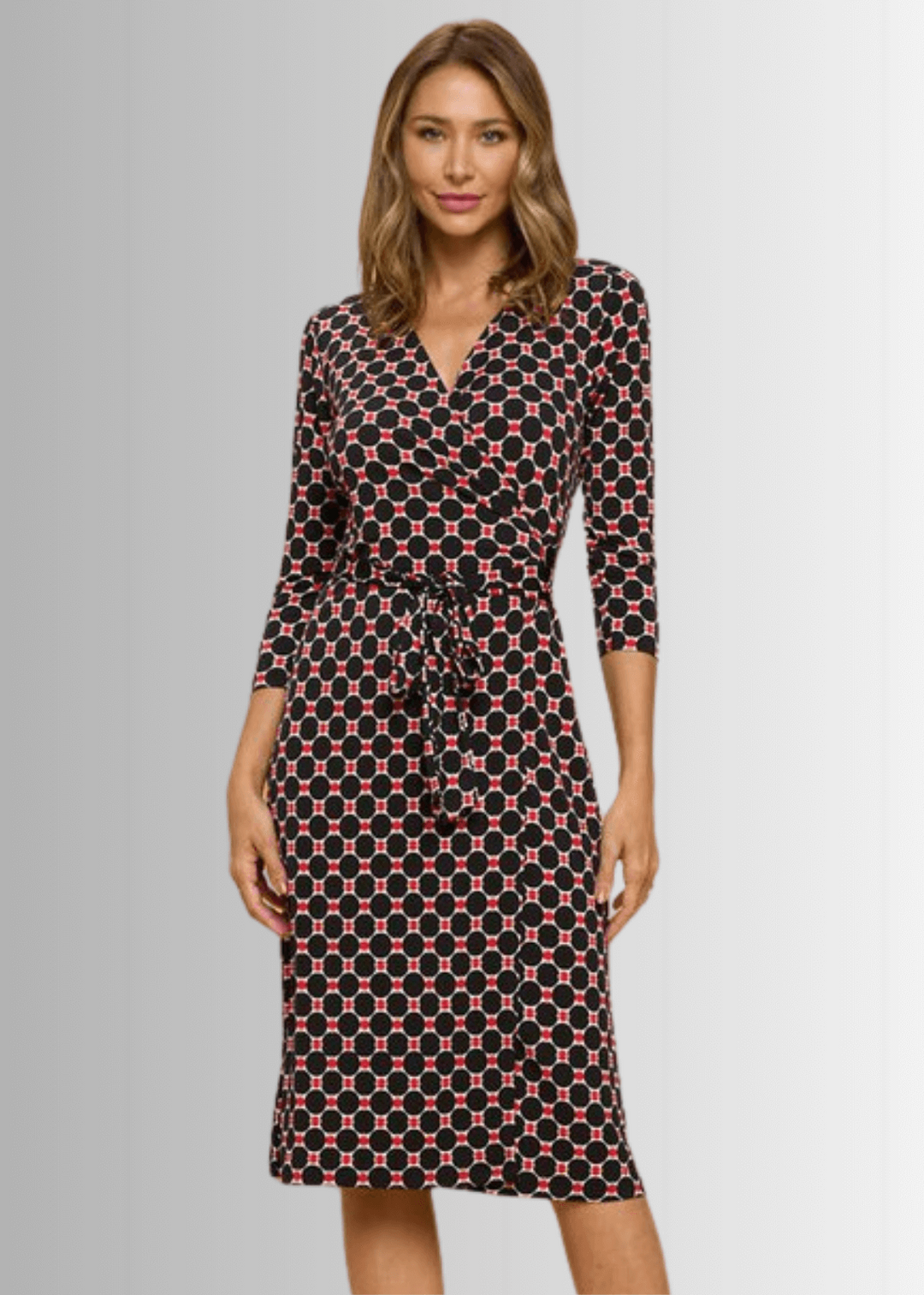 Beautiful Ladies Black & Red Geometrical Design Printed Wrap Midi Dress with 3/4 Sleeves | Renee C. Style 4329DRC | Proudly Made in USA | Classy Cozy Cool Clothing Boutique