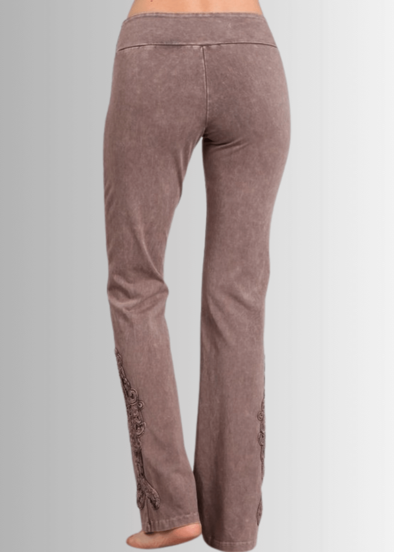 Made in USA Women's Mineral Washed Boot Cut Jeggings with Crochet Detail Hem in Desert Taupe | Style# C30372 |  Classy Cozy Cool Made in America Boutique