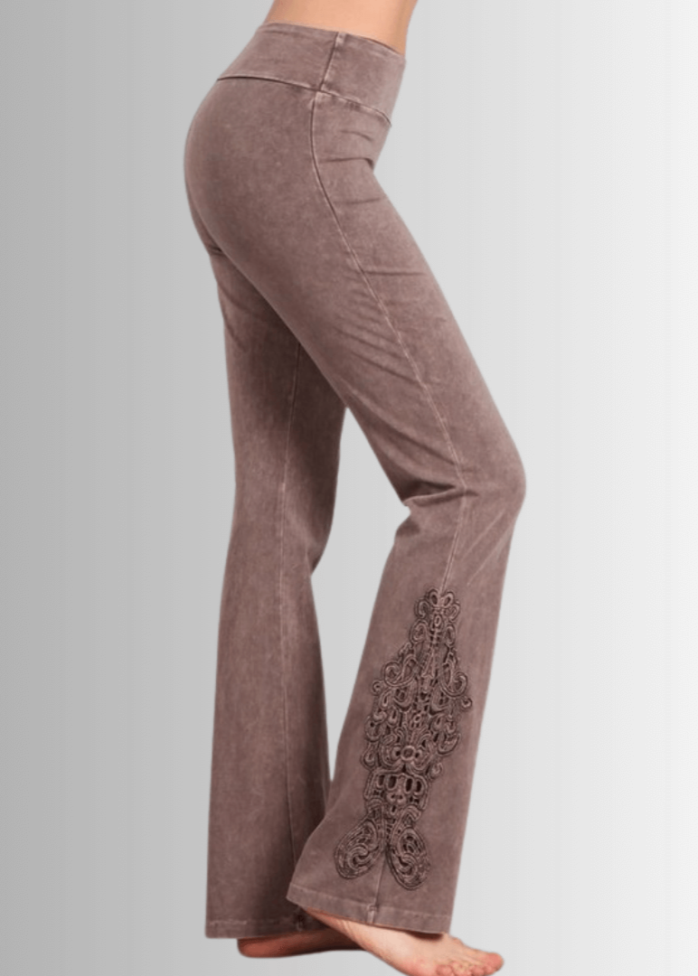 Made in USA Women's Mineral Washed Boot Cut Jeggings with Crochet Detail Hem in Desert Taupe | Style# C30372 |  Classy Cozy Cool Made in America Boutique