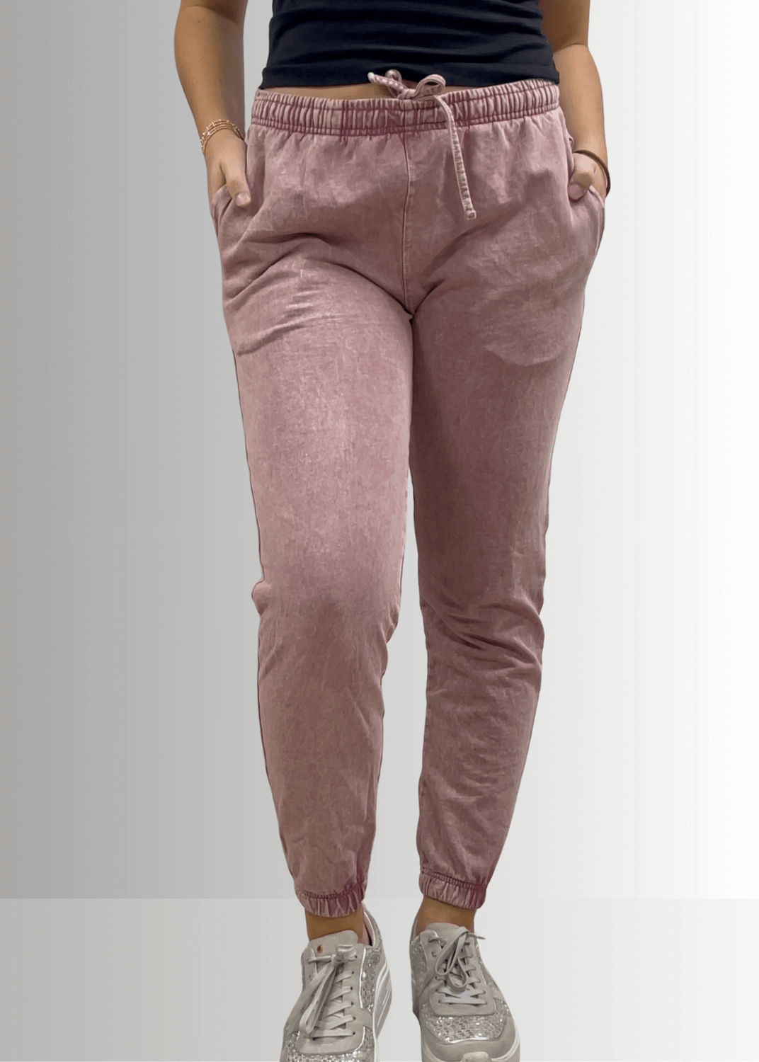 USA Made Women's Casual Cotton French Terry Mineral Washed Light  Mauve Joggers with Side Pockets and Drawstring Waist | Classy Cozy Cool Made in America Boutique