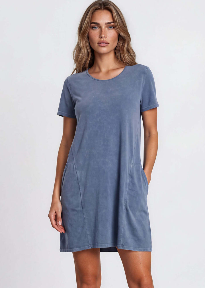 USA Made Ladies Mineral Washed Casual Cotton Short Sleeve Above Knee Length Dress with Pockets | Style