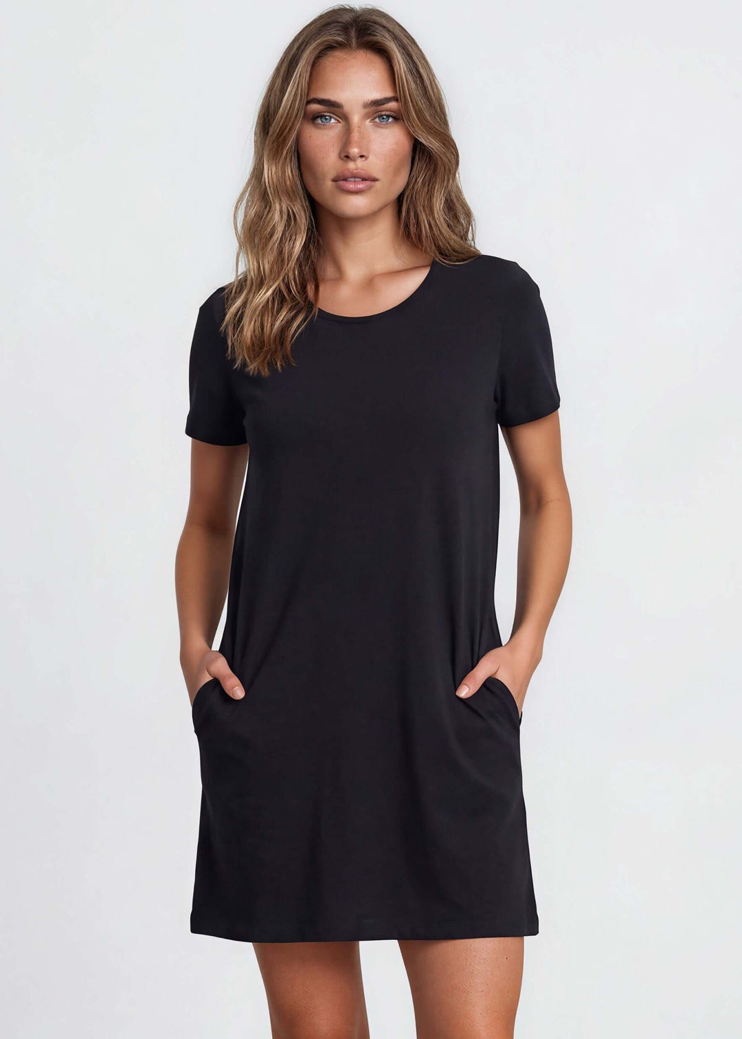 USA Made Ladies Mineral Washed Casual Cotton Short Sleeve Above Knee Length Dress with Pockets | Style# C60596 | Classy Cozy Cool Women's Made in America Boutique