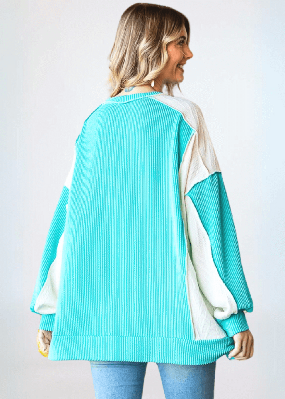 USA Made Women's Oversized Mixed Media with Turquoise Ribbed Material and Ivory Cable Knit Color Block Pullover Top | Classy Cozy Cool Made in America Boutique