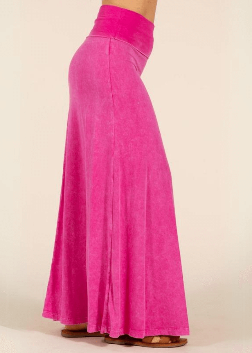 Women's Mineral Washed American Cotton Fold Over Waist Maxi Skirt Made in USA in Fuchsia | Classy Cozy Cool Style C50110 