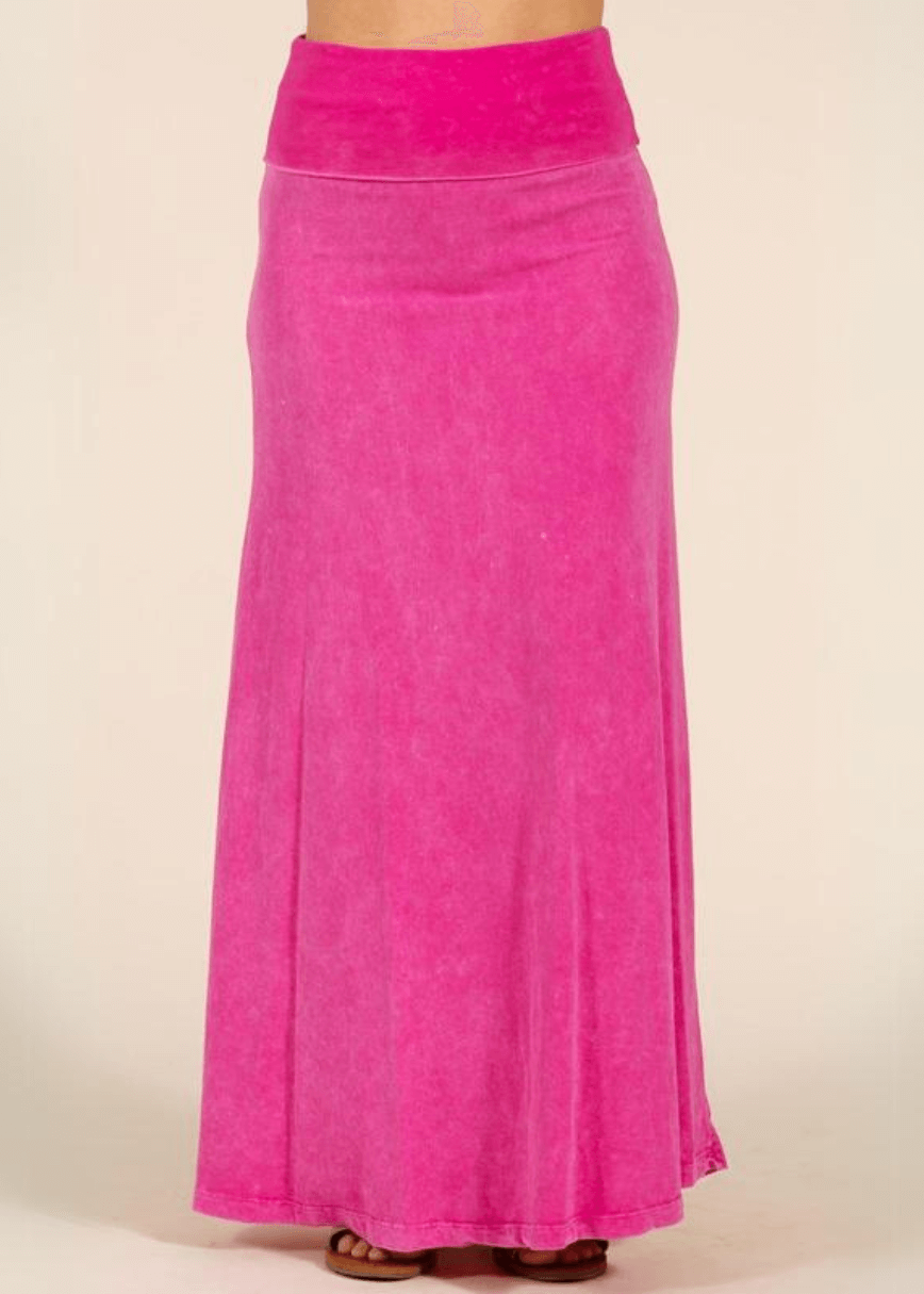 Women's Mineral Washed American Cotton Fold Over Waist Maxi Skirt Made in USA in Fuchsia | Classy Cozy Cool Style C50110 