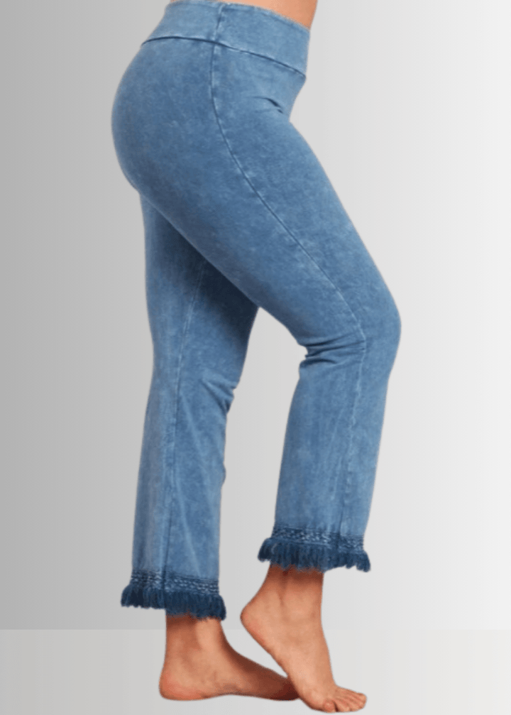 USA-made plus size mineral washed cropped pants with a boho crochet fringe hem jeggings. Soft 4-way stretch cotton, sizes 1X–3X. Free shipping available.