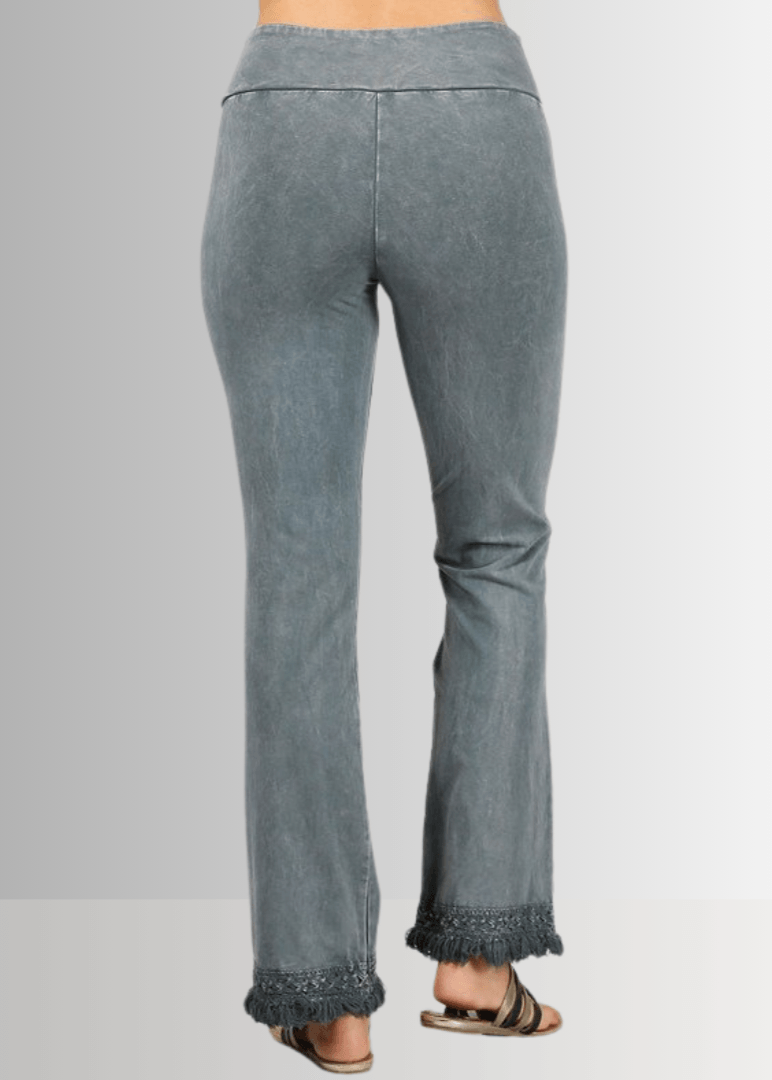 Denim Look USA Made Ladies Mineral Washed Cropped Straight Leg Pants with Crochet Fringe Hem | Style P30374 | Classy Cozy Cool Women's Made in America Clothing Boutique 