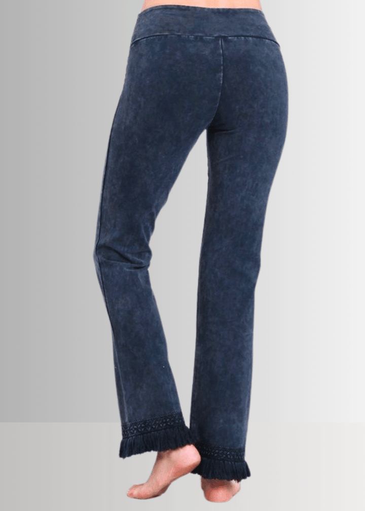 Denim Look USA Made Ladies Mineral Washed Cropped Straight Leg Pants with Crochet Fringe Hem | Style P30374 | Classy Cozy Cool Women&
