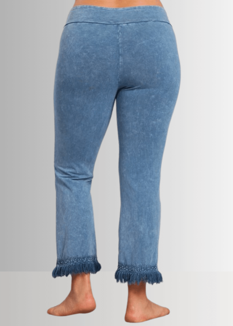 Denim Look USA Made Ladies Mineral Washed Plus Size Cropped Straight Leg Pants with Crochet Fringe Hem | Style P30374 | Classy Cozy Cool Women's Made in America Clothing Boutique 