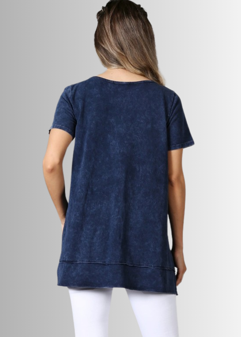 Made in USA Ladies High Low Hem Casual Cotton Tee in Mineral Washed Navy Blue Top Proudly Made in USA | Classy Cozy Cool Women&