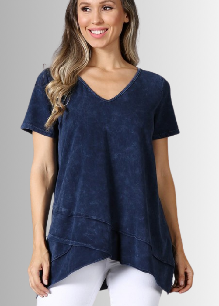 Made in USA Ladies High Low Hem Casual Cotton Tee in Mineral Washed Navy Blue Top Proudly Made in USA | Classy Cozy Cool Women&