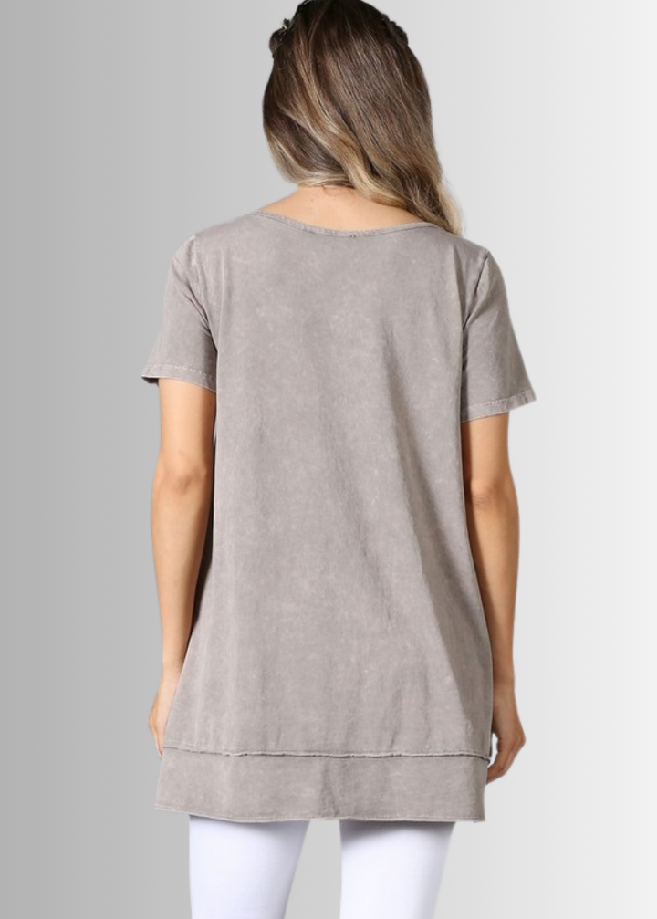 Made in USA Ladies High Low Hem Casual Cotton Tee in Mineral Washed Desert Taupe, Proudly Made in USA | Classy Cozy Cool Women&