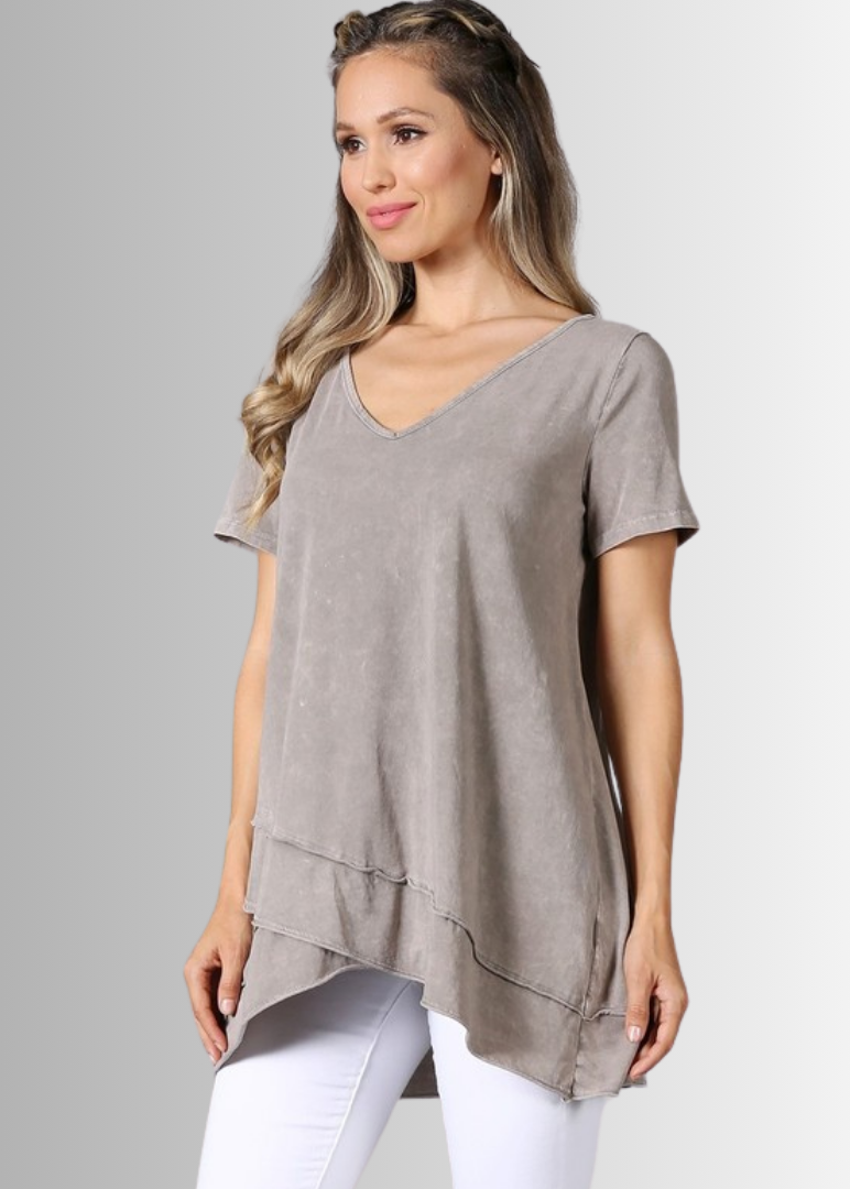 Made in USA Ladies High Low Hem Casual Cotton Tee in Mineral Washed Desert Taupe, Proudly Made in USA | Classy Cozy Cool Women's Made in America Boutique