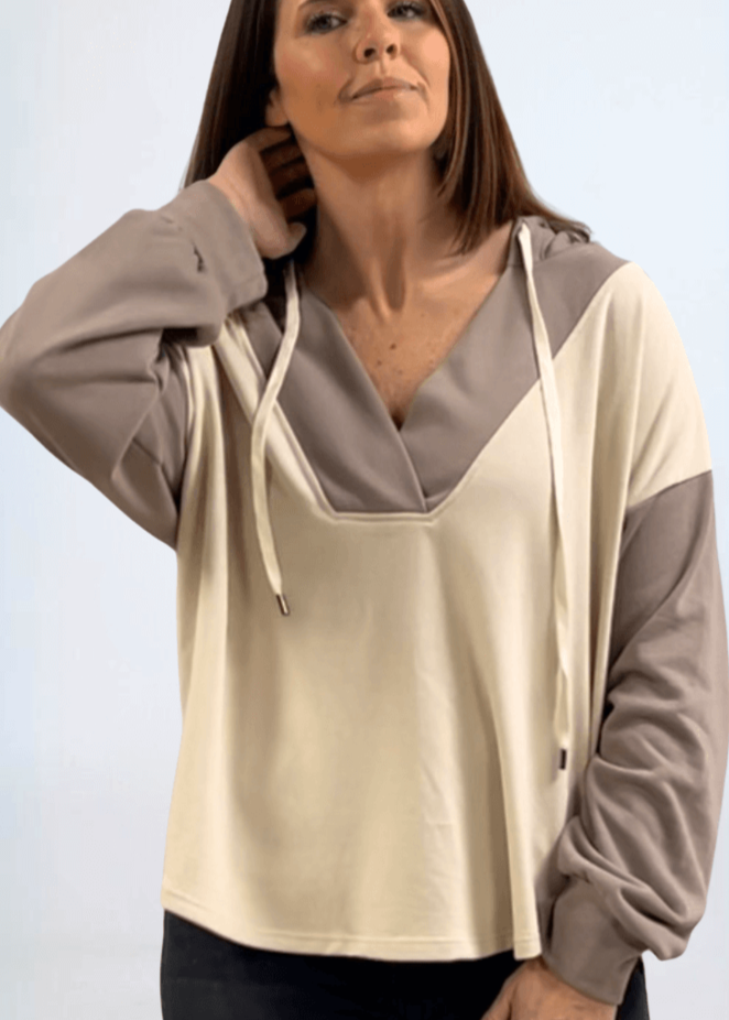 Made in USA Women's Contrast Oversized Hoodie Sweatshirt Hoodie with Drawstring, Deep V-Neck, Drop Shoulder, 2-Tone Contrast Available in Sage/White and Beige/Taupe | Classy Cozy Cool Made in America Boutique