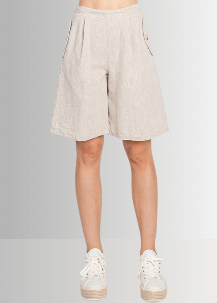 Made in USA Women's Premium Linen and Cotton Natural Longer Length Shorts, Elastic on Back Waist, Side Pockets, Darts Button Detail, 55% Flax Linen, 45% Cotton | Classy Cozy Cool Made in America Boutique