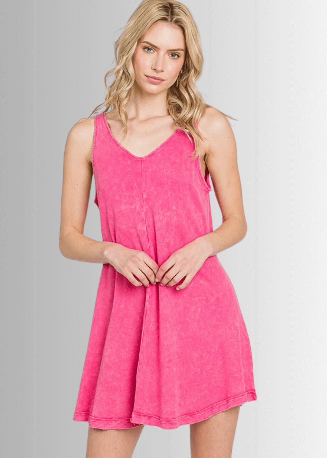 USA Made Women's Breathable Cotton Mineral Washed Sleeveless Mini Tank Dress with Double V-Neck in Fuchsia | Classy Cozy Cool Made in America Boutique
