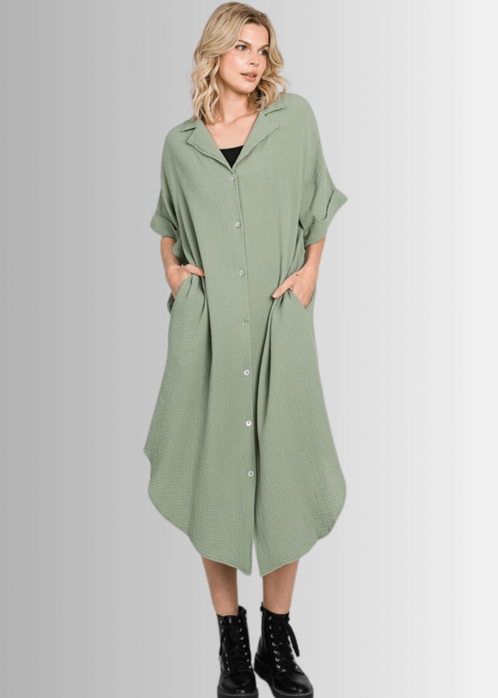 USA Made Women's Soft Garment Washed Gauze Olive Green Oversized Cotton Button Down Shirt Dress with Short Sleeves & Side Pockets | Classy Cozy Cool Made in America Boutique