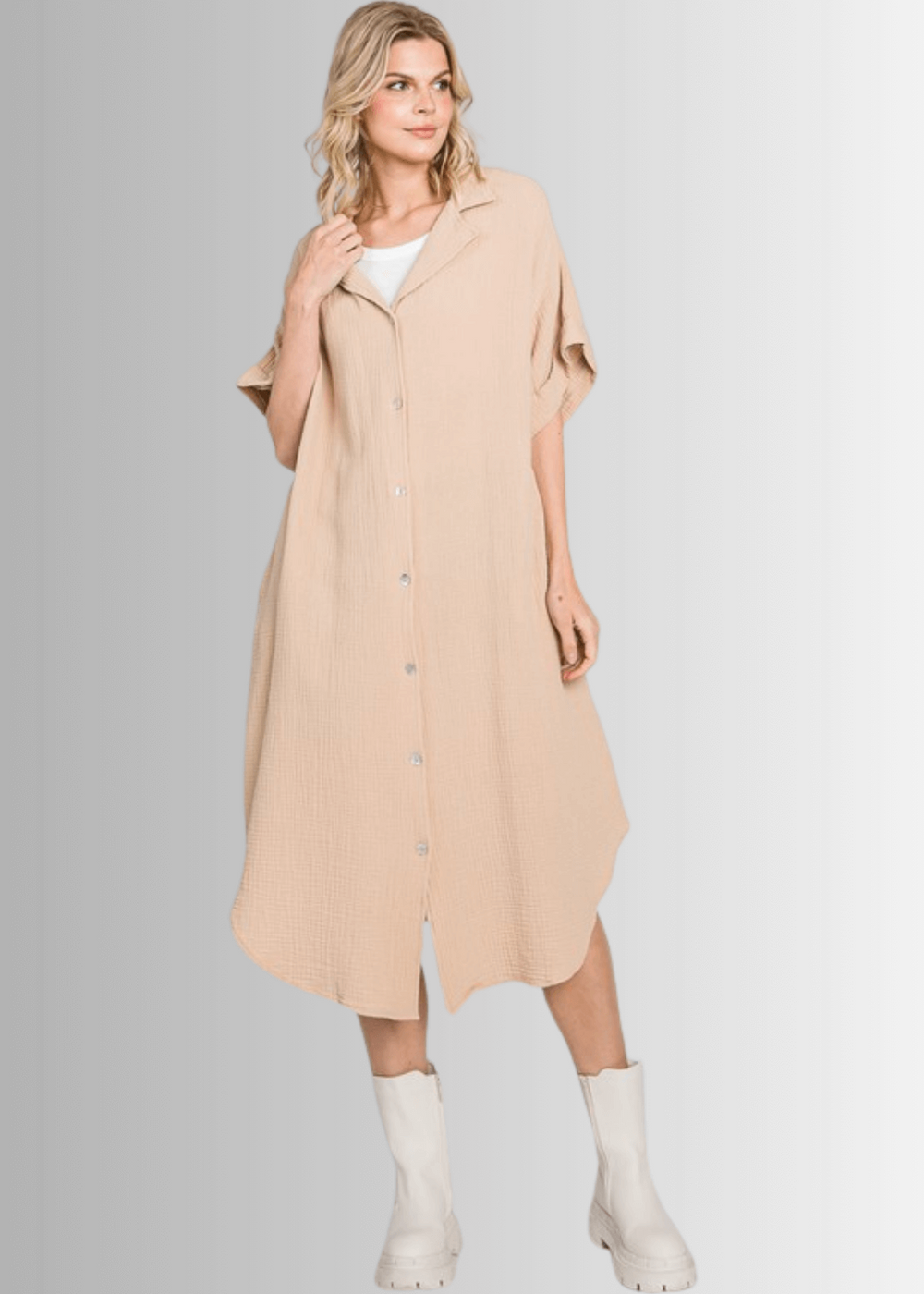 USA Made Women's Soft Garment Washed Gauze Oatmeal Beige Oversized Cotton Button Down Shirt Dress with Short Sleeves & Side Pockets | Classy Cozy Cool Made in America Boutique