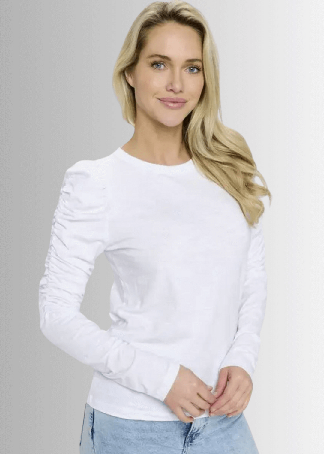 Ladies USA Made Cotton Solid Long Puff Sleeve Fitted Top in White | Renee C Style# 4355TP | Classy Cozy Cool Women's Made in America Clothing Boutique