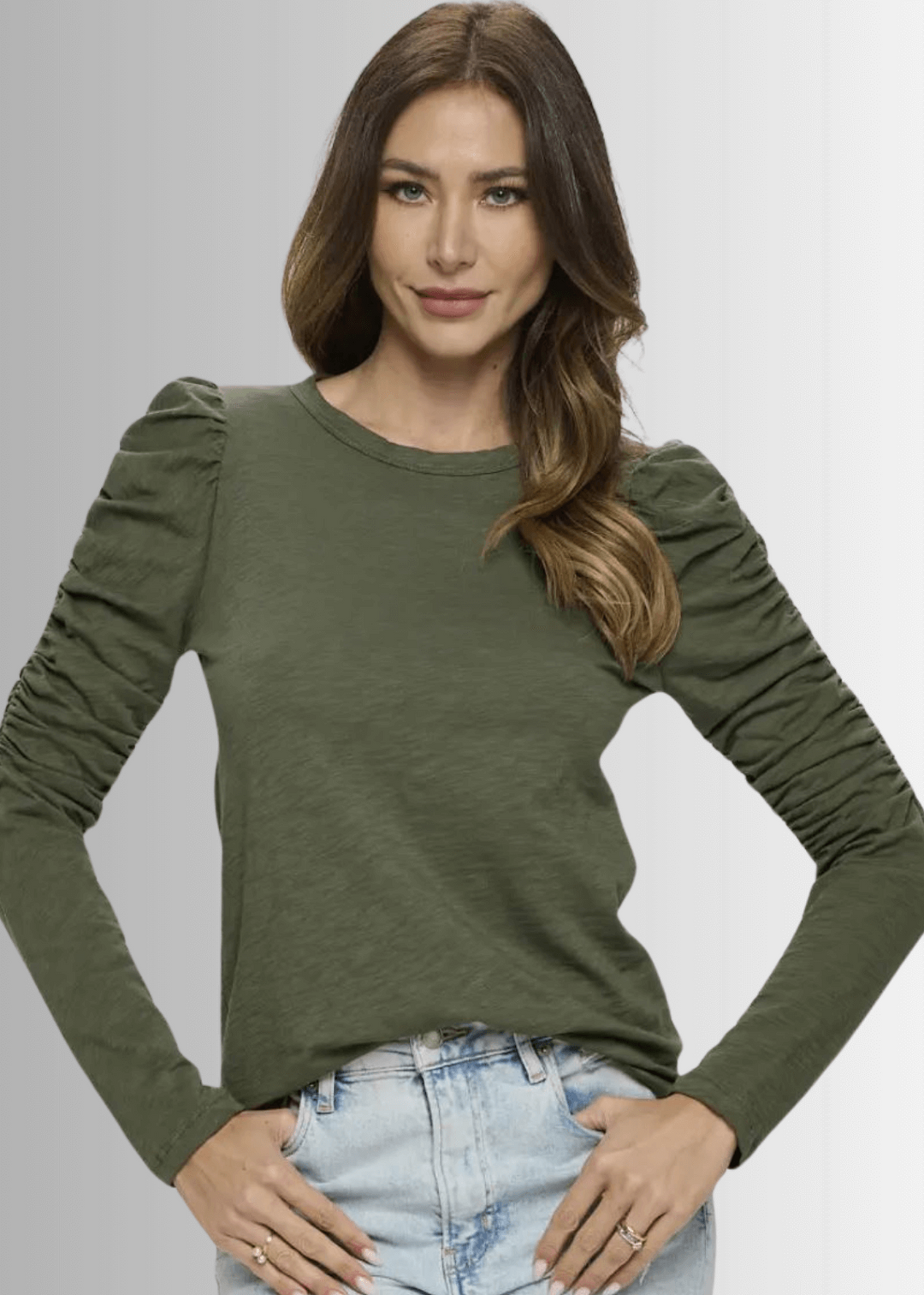 Ladies USA Made Cotton Solid Long Puff Sleeve Fitted Top in Olive | Renee C Style