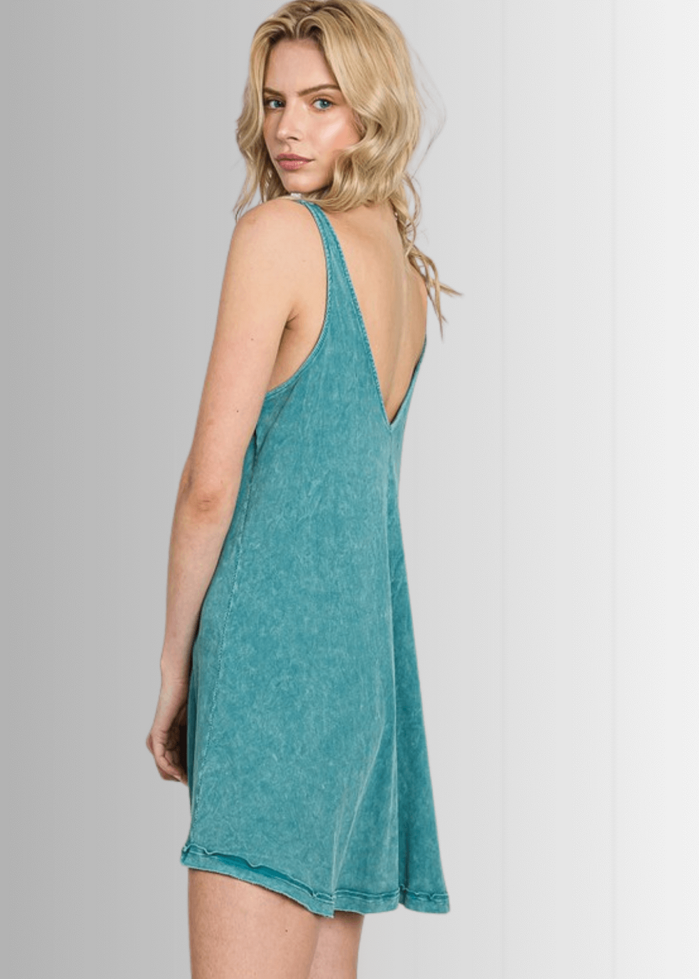 USA Made Women's Breathable Cotton Mineral Washed Sleeveless Mini Tank Dress with Double V-Neck in Teal | Classy Cozy Cool Made in America Boutique