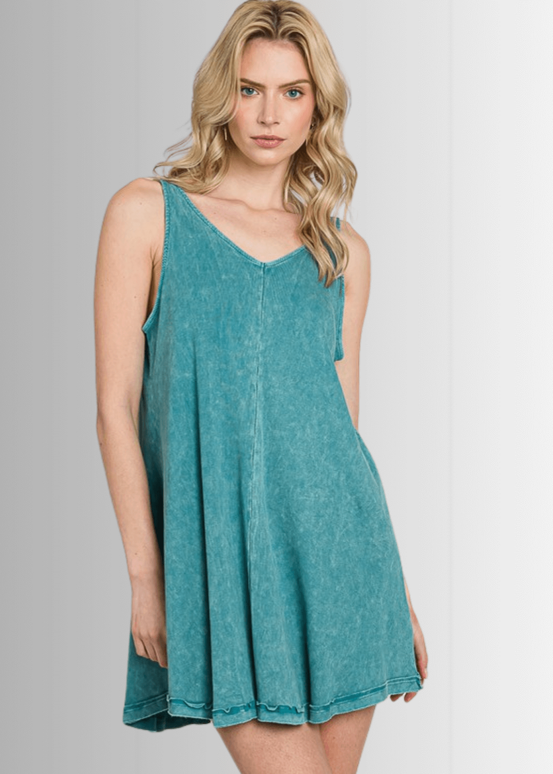 USA Made Women's Breathable Cotton Mineral Washed Sleeveless Mini Tank Dress with Double V-Neck in Teal | Classy Cozy Cool Made in America Boutique