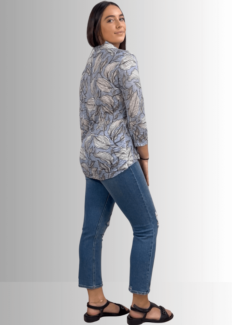 David Cline Blue Floral Rhinestone Embellished Snap Down Crushed Texture Collared Shirt | Made in USA | Women&