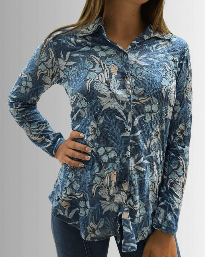 David Cline Blue Floral Rhinestone Embellished Snap Down Crushed Texture Collared Shirt | Made in USA | Women&