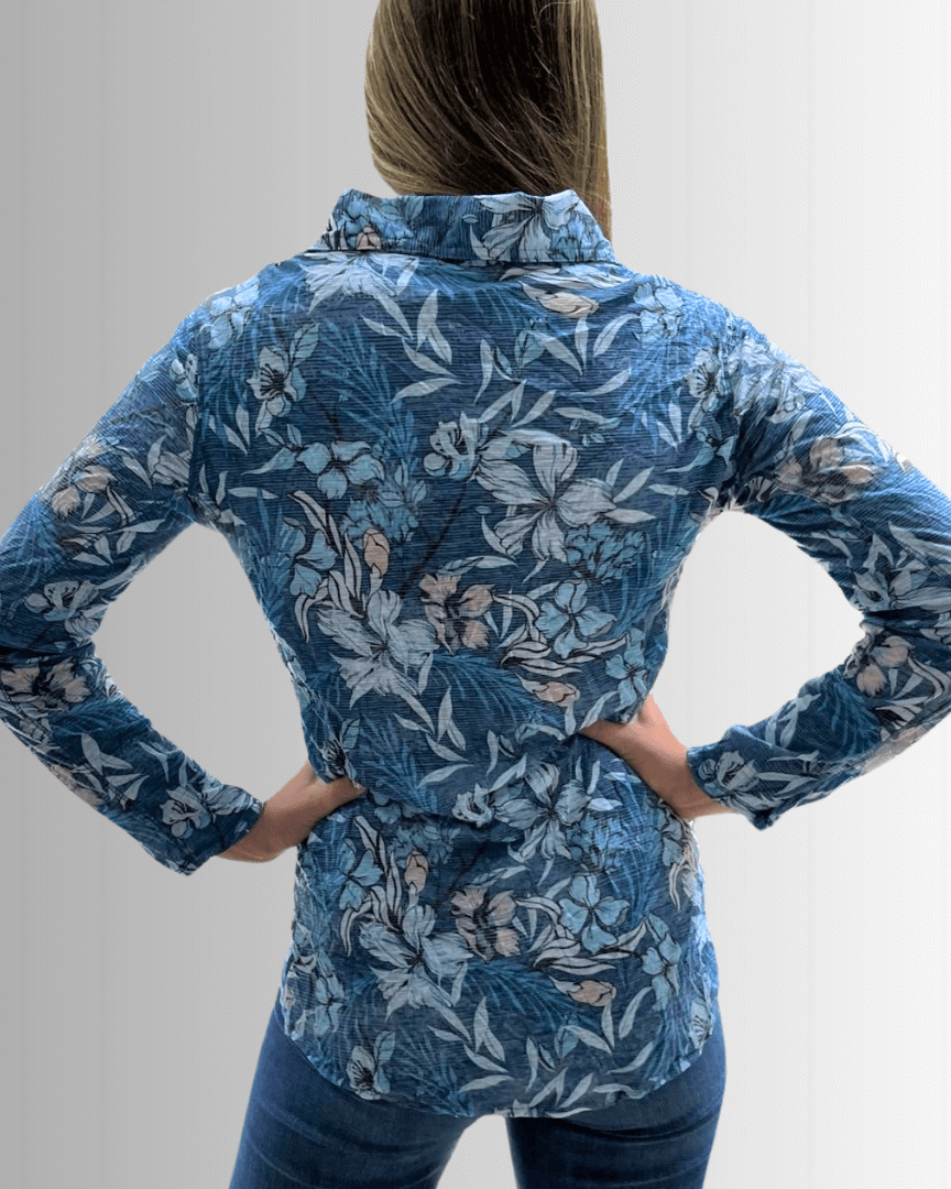 David Cline Blue Floral Rhinestone Embellished Snap Down Crushed Texture Collared Shirt | Made in USA | Women's Made in America Boutique
