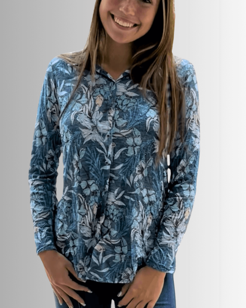 David Cline Blue Floral Rhinestone Embellished Snap Down Crushed Texture Collared Shirt | Made in USA | Women&